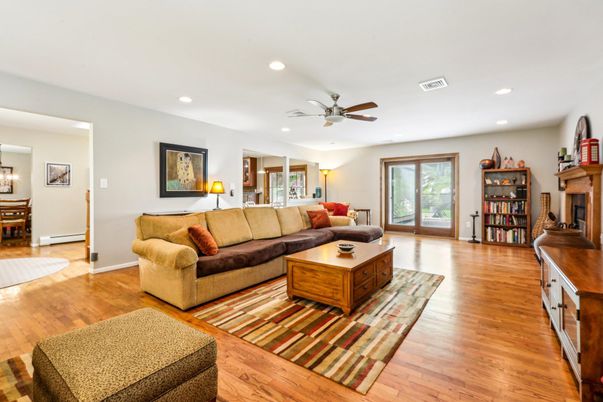 Fireplace, Interior, Living room, Recessed Lighting, Wood Texture Flooring