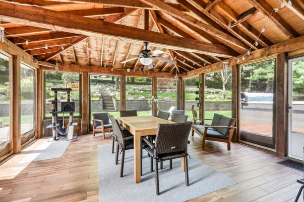 Dining room, Interior, Sun Room, Wooden Beams, Wooden Ceilings, Wood Texture Flooring