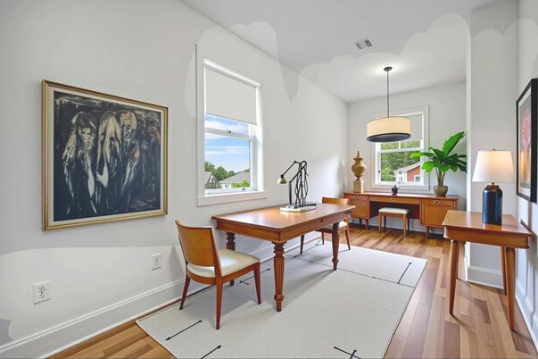 Home Office, Interior, Pendant Lights, Wood Texture Flooring