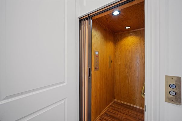 Elevator, Interior, Recessed Lighting, Wooden Ceilings, Wood Texture Flooring, Wooden Walls