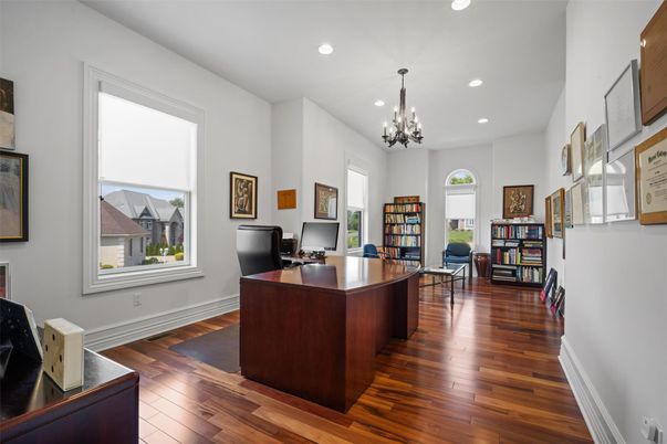 Chandelier, Home Office, Interior, Recessed Lighting, Wood Texture Flooring