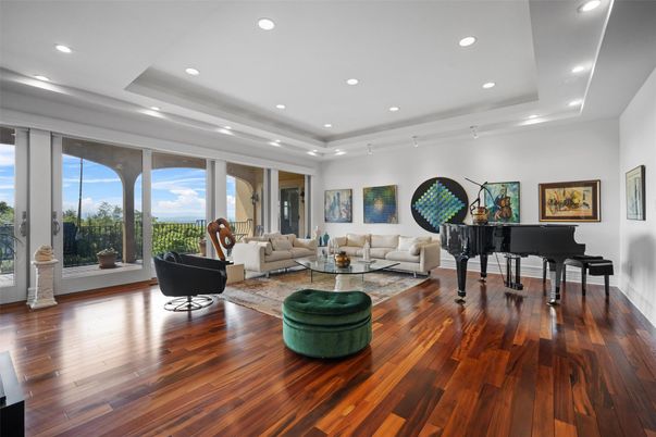 Interior, Living room, Piano, Recessed Lighting, Wood Texture Flooring