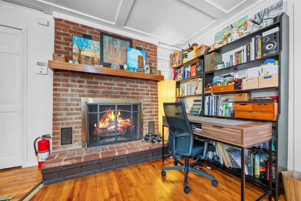 Fireplace, Home Office, Interior, Stone Walls, Wood Texture Flooring