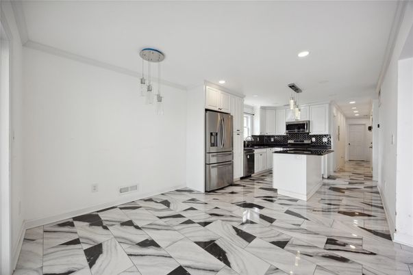 Interior, Kitchen, Marble, Pendant Lights, Recessed Lighting, Stainless Steel Appliances