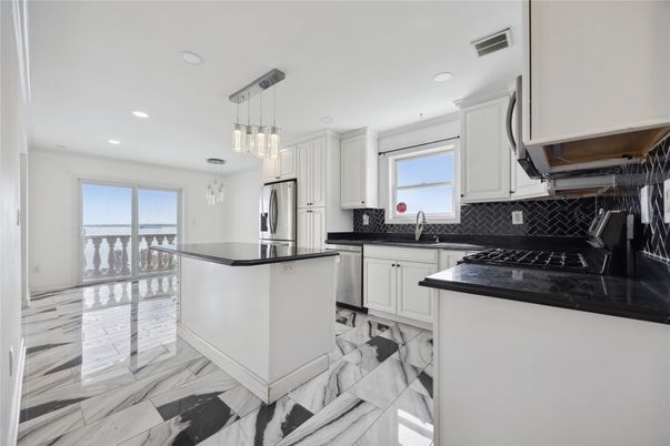 Interior, Kitchen, Marble, Pendant Lights, Recessed Lighting, Stainless Steel Appliances