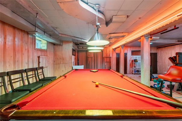 Billiard Table, Game Room, Interior, Pendant Lights, Wooden Walls