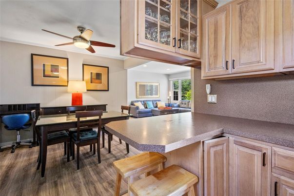 Dining room, Interior, Living room, Recessed Lighting, Wood Texture Flooring