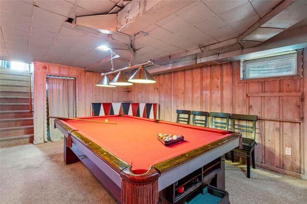 Billiard Table, Game Room, Interior, Pendant Lights, Wooden Walls