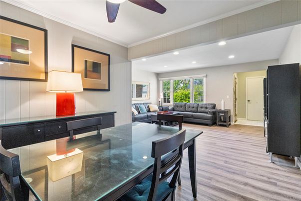 Dining room, Interior, Living room, Recessed Lighting, Wood Texture Flooring