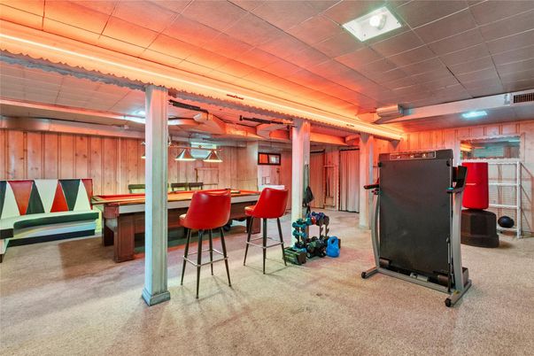 Billiard Table, Dining room, Fitness Equipment, Game Room, Interior, Wooden Walls