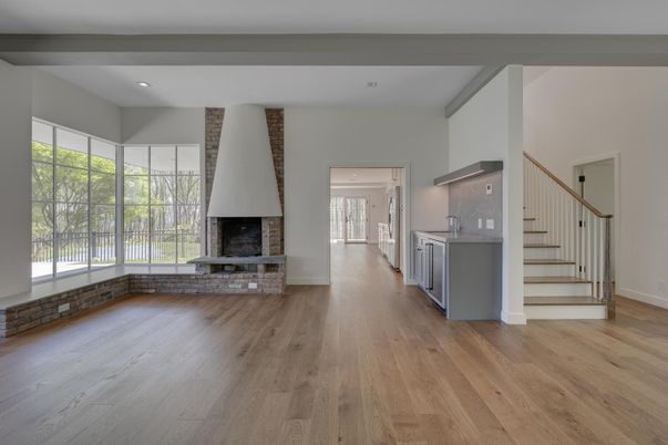 Fireplace, Interior, Kitchen, Recessed Lighting, Wood Texture Flooring