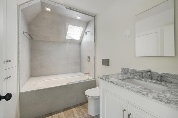 Bathroom, Glass Shower, Interior, Wood Texture Flooring