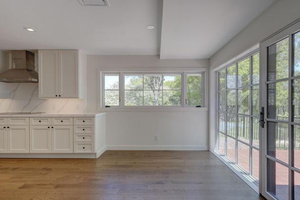 Interior, Kitchen, Marble Walls, Recessed Lighting, Wood Texture Flooring