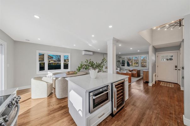 Dining room, Interior, Kitchen, Living room, Recessed Lighting, Wood Texture Flooring