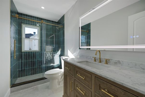 Bathroom, Glass Shower, Interior, Marble, Recessed Lighting