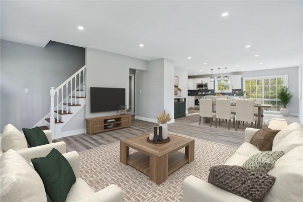 Dining room, Interior, Kitchen, Living room, Pendant Lights, Recessed Lighting, Stainless Steel Appliances, Wood Texture Flooring