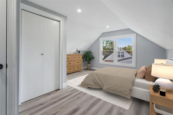 Bedroom, Interior, Recessed Lighting, Wood Texture Flooring