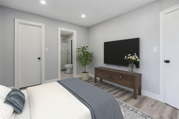 Bathroom, Bedroom, Glass Shower, Interior, Recessed Lighting, Wood Texture Flooring
