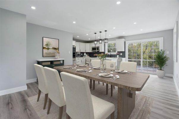 Dining room, Interior, Kitchen, Pendant Lights, Recessed Lighting, Wood Texture Flooring