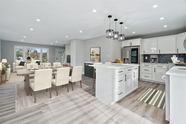 Dining room, Interior, Kitchen, Living room, Pendant Lights, Recessed Lighting, Stainless Steel Appliances, Wood Texture Flooring