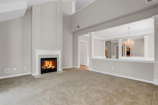 Chandelier, Empty room, Fireplace, Interior
