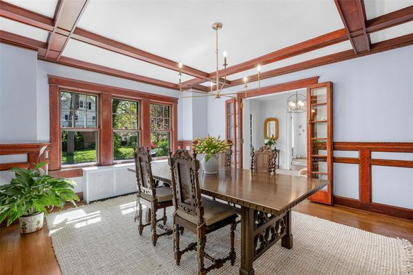 Dining room, Interior, Pendant Lights, Wooden Beams, Wood Texture Flooring