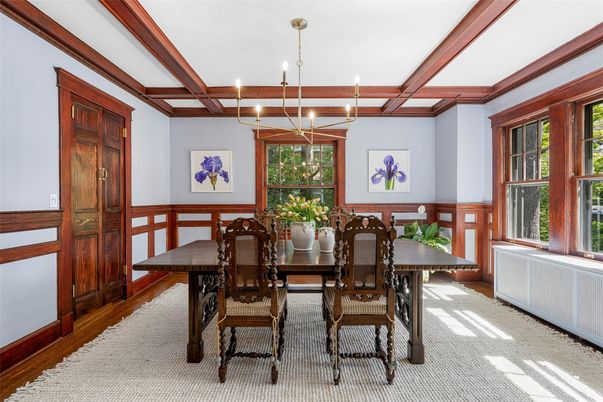 Chandelier, Dining room, Interior, Wooden Beams, Wood Texture Flooring