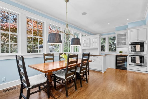 Dining room, Interior, Kitchen, Pendant Lights, Recessed Lighting, Wood Texture Flooring