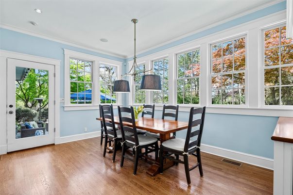 Dining room, Interior, Pendant Lights, Recessed Lighting, Wood Texture Flooring