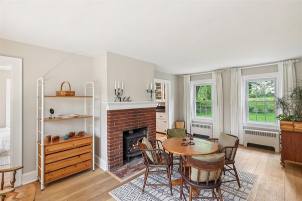Dining room, Fireplace, Interior, Wood Texture Flooring