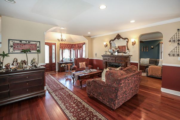 Chandelier, Fireplace, Interior, Living room, Recessed Lighting, Wood Texture Flooring