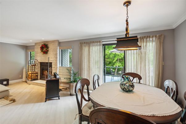 Dining room, Fireplace, Interior, Pendant Lights, Recessed Lighting, Wood Texture Flooring