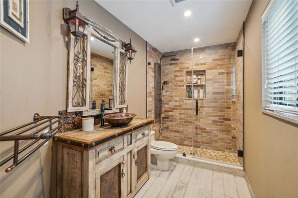 Bathroom, Glass Shower, Interior, Recessed Lighting, Stone Walls, Wood Texture Flooring