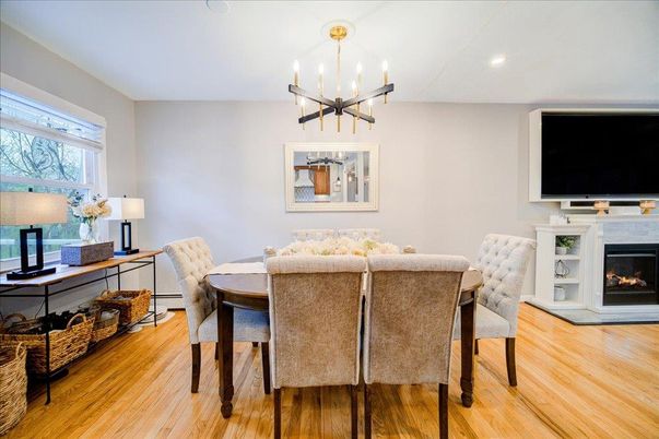 Chandelier, Dining room, Fireplace, Interior, Pendant Lights, Recessed Lighting, Wood Texture Flooring