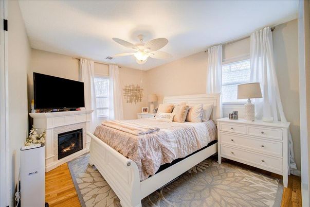 Bedroom, Fireplace, Interior, Wood Texture Flooring