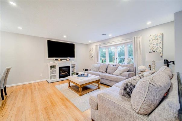 Fireplace, Interior, Living room, Recessed Lighting, Wood Texture Flooring