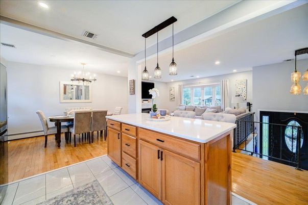 Chandelier, Dining room, Interior, Kitchen, Living room, Pendant Lights, Recessed Lighting, Wood Texture Flooring