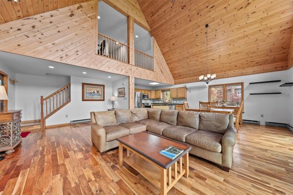Chandelier, Dining room, Interior, Kitchen, Living room, Pendant Lights, Recessed Lighting, Wooden Beams, Wooden Ceilings, Wood Texture Flooring