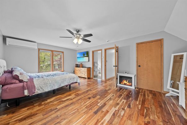 Bedroom, Fireplace, Interior, Wood Texture Flooring
