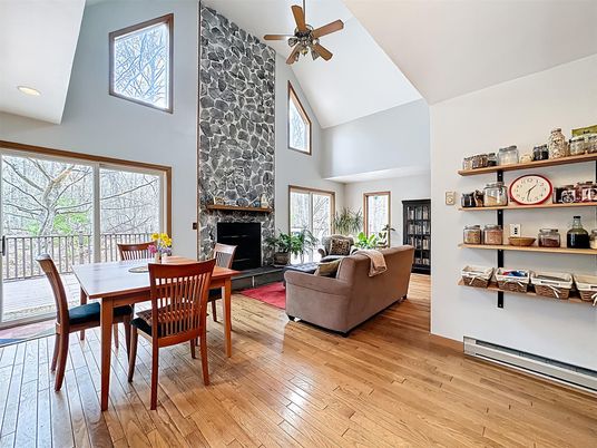 Dining room, Fireplace, Interior, Living room, Wood Texture Flooring