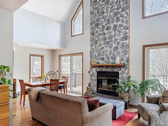 Dining room, Fireplace, Interior, Living room, Stone Walls, Wood Texture Flooring