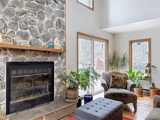 Fireplace, Interior, Recessed Lighting, Stone Walls, Wood Texture Flooring