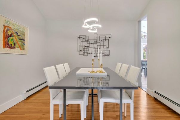 Dining room, Interior, Pendant Lights, Wood Texture Flooring