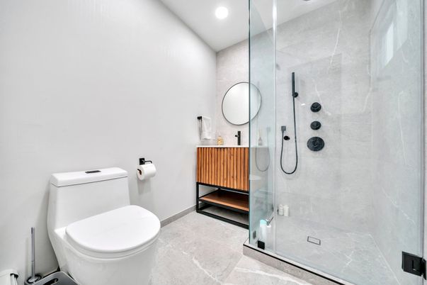 Bathroom, Glass Shower, Interior, Recessed Lighting