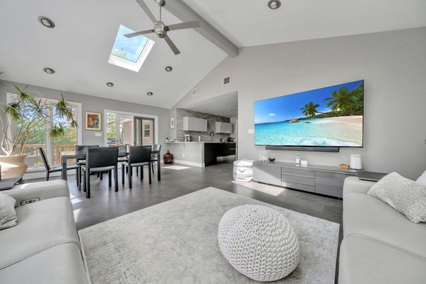 Dining room, Interior, Kitchen, Living room, Recessed Lighting, Wood Texture Flooring