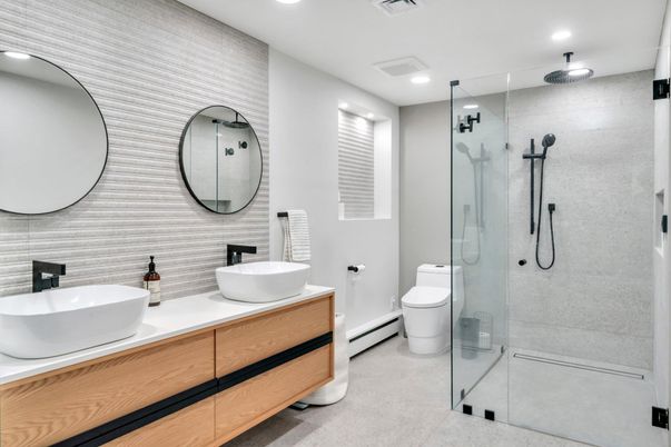Bathroom, Dual Sink Vanities, Glass Shower, Interior, Recessed Lighting