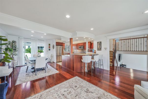 Dining room, Interior, Kitchen, Recessed Lighting, Wood Texture Flooring
