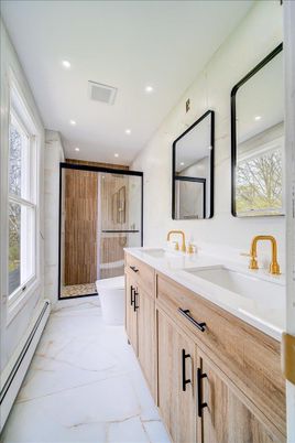 Bathroom, Dual Sink Vanities, Free Standing Baths, Glass Shower, Interior, Marble, Recessed Lighting