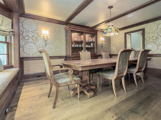 Dining room, Interior, Pendant Lights, Recessed Lighting, Wood Texture Flooring