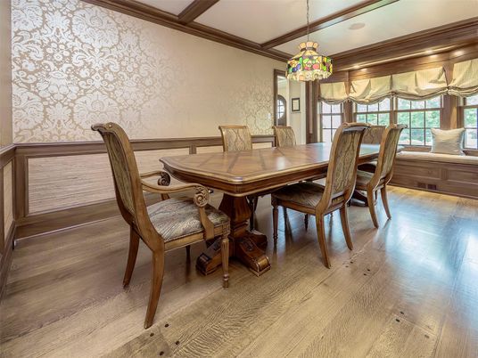 Dining room, Interior, Pendant Lights, Recessed Lighting, Wood Texture Flooring